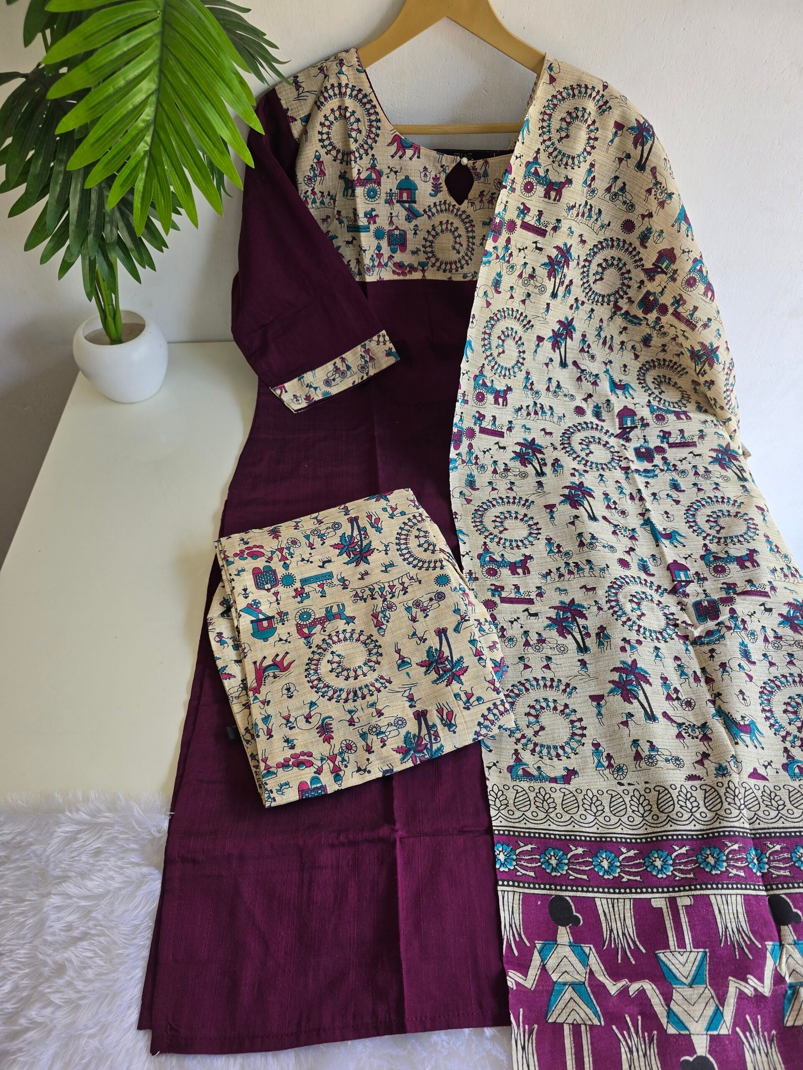 Kalamkari kurti set raw silk S02 - Image 2